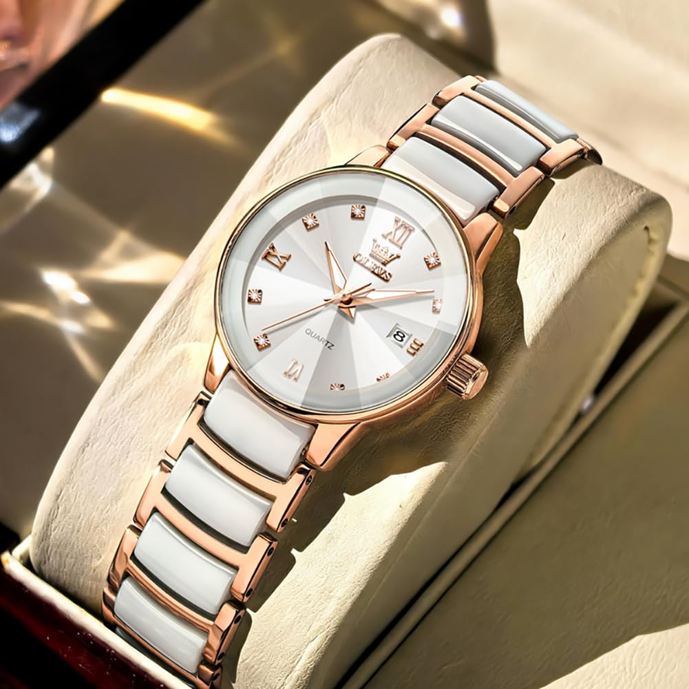 OLEVS Orologio da donna con quadrante piccolo, cinturino sottile in ceramica e acciaio inossidabile, lussuoso, con accenti di diamanti, elegante orologio da polso da donna, impermeabile, luminoso, al