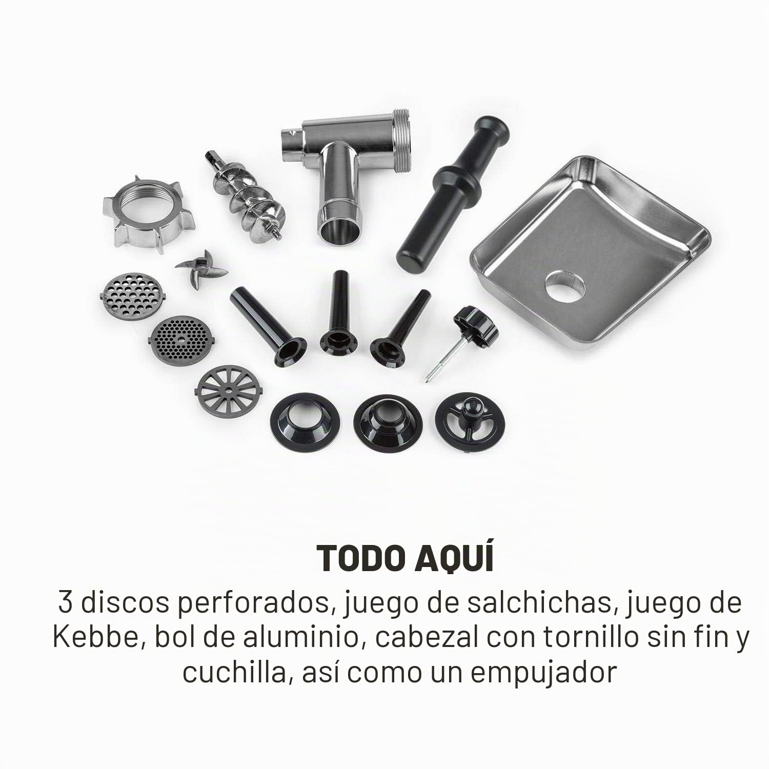 Klarstein Kraftprotz Picadora - Picadora de carne eléctrica, 700 W de potencia, 2 velocidades, Marcha atrás, Cuchilla de acero inoxidable, Gran bandeja de aluminio, Set de accesorios, Negro