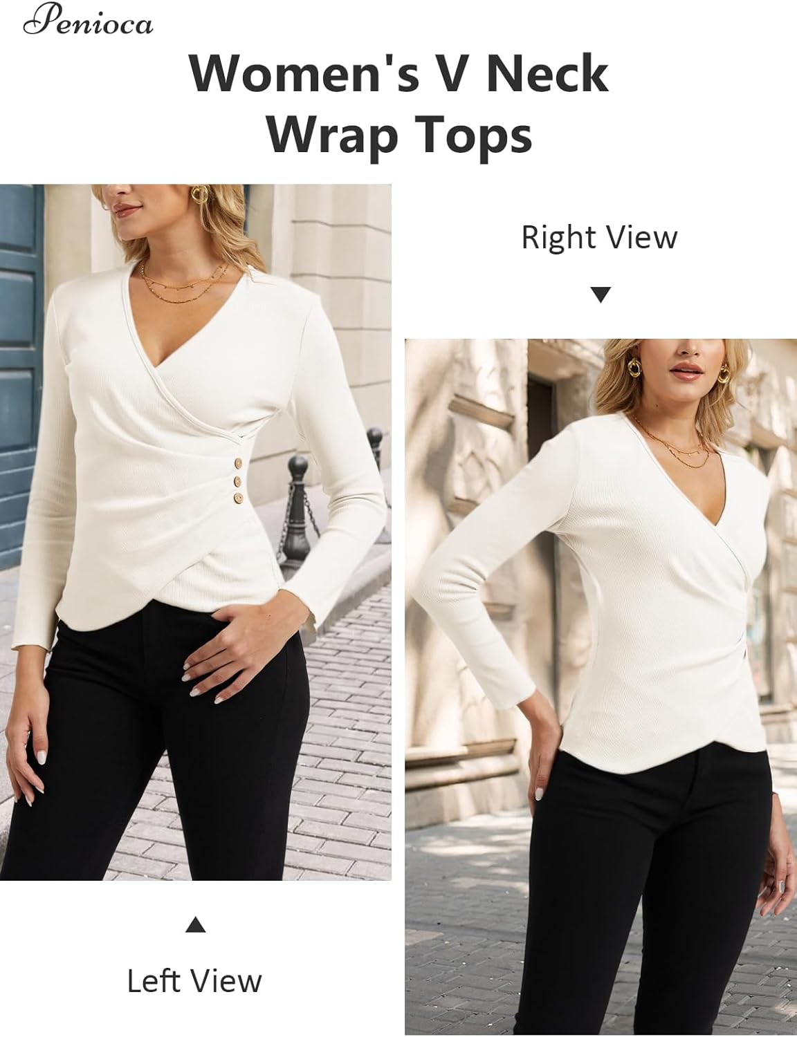 Women’s Long Sleeve Wrap Top, Seep V Neck Ribbed Knit Slim Fitted Cross Wrap Asymmetrical Fall Dressy Blouse - Image 4