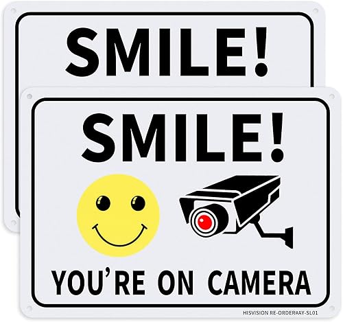 HISVISION Paquete de 2 señales de advertencia de metal de aluminio sin óxido Smile You're on Camera, resistente a los rayos UV, impermeable, fácil
