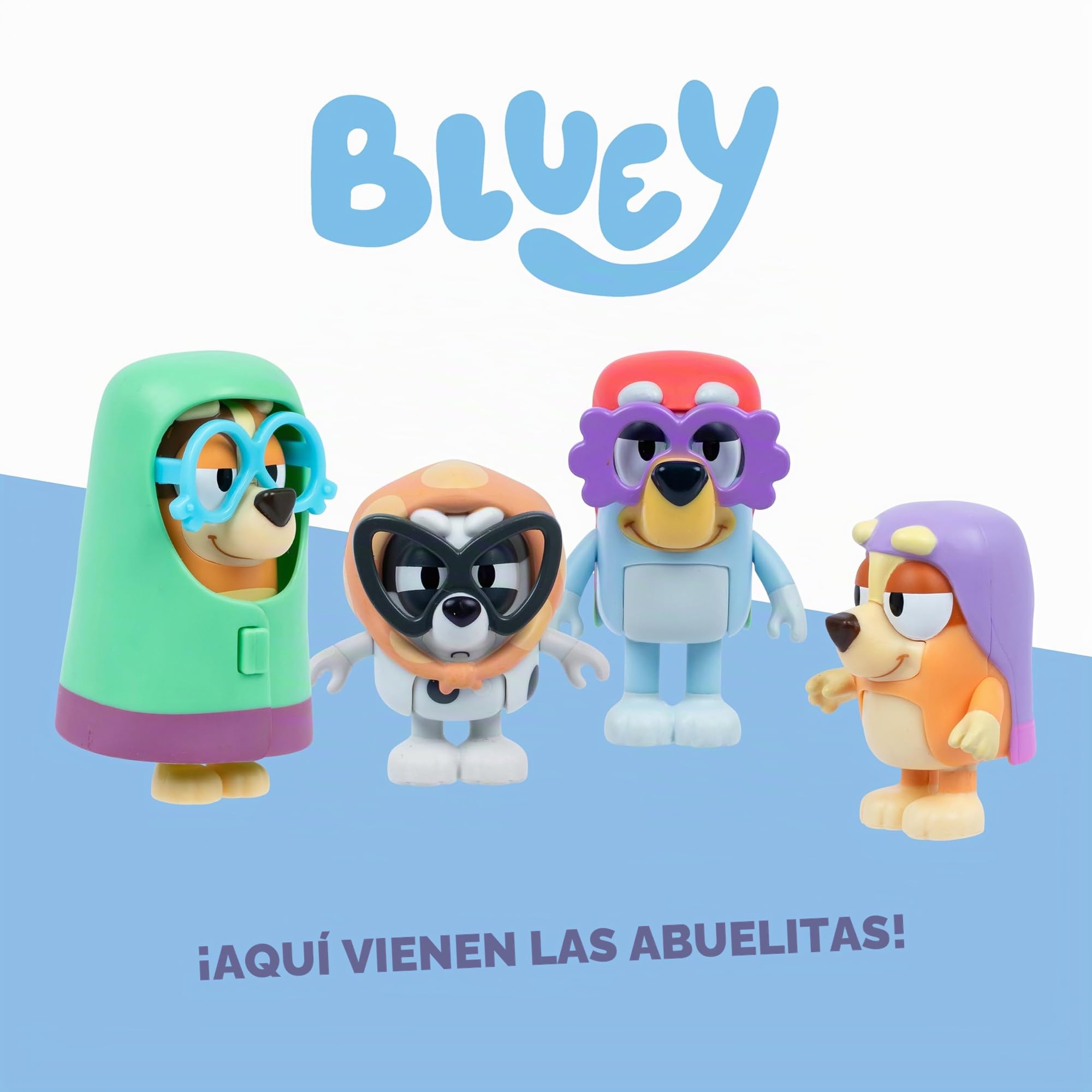 Pack de 4 Figuras de Bluey Abuelitas, 4 Figuras inspiradas en el Episodio, con Brazos articulados y Accesorios, Figuras móviles de 6-7,6 cm para Que los peques recreen el Episodio Abuelitas