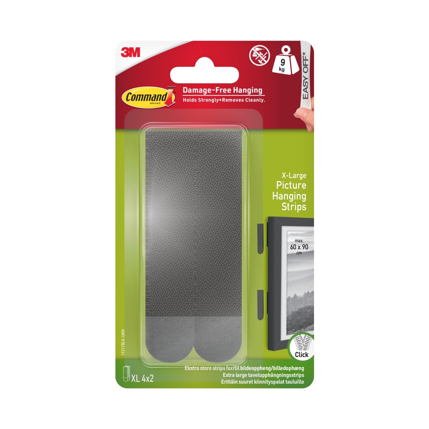 Command Picture X-Large Hanging Strips for Heavy Weight Black color, 4 pairs/pack | Holds 9 kg. whole pack | Organize | Decoration | No Drilling | Holds Strongly | Damage-Free Hanging