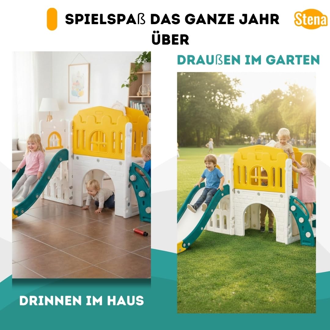 Stena Spielhaus mit Rutsche und Brücke - Basketballkorb, Ball & Spielzeug-Teleskop - Indoor & Outdoor - Spielturm - Klettergerüst für Kleinkinder
