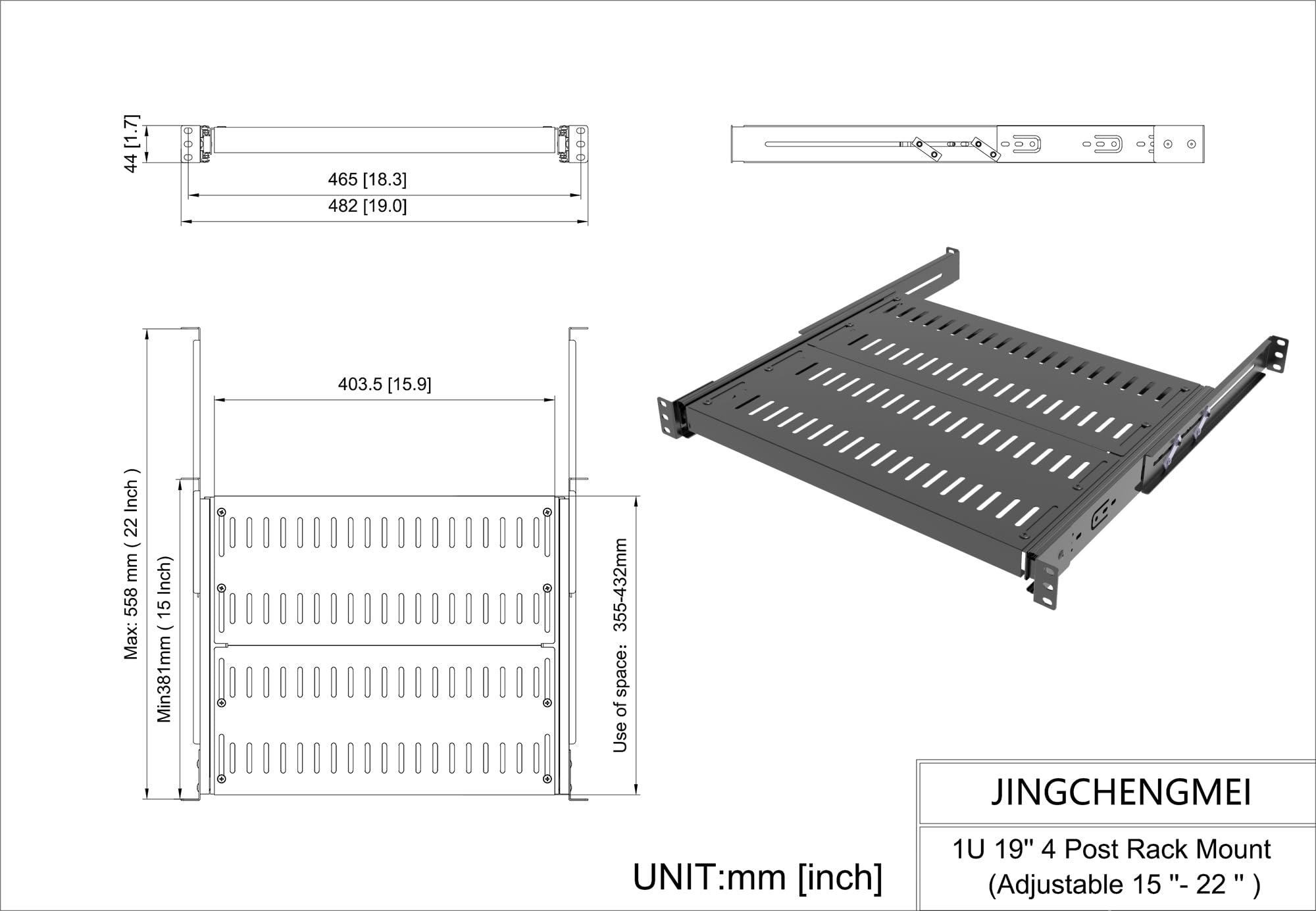 1U Schieberegal, 4 Pfosten, belüftet, 35,6–43,2 cm tief, mit Verstellbarer Einbautiefe von 38,1 cm - 55,9 cm, für 48,1 cm AV-/Netzwerkausrüstungs-Rack, zerlegt, Schwarz (15–22)