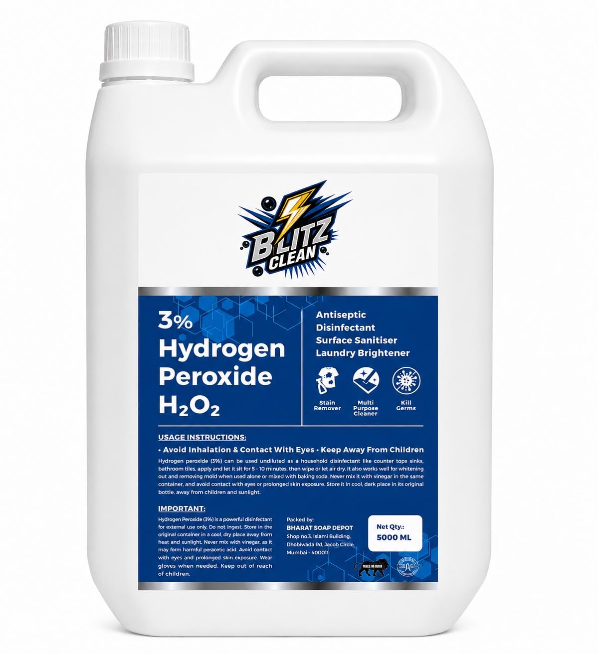 Hydrogen Peroxide Solution 3% - 5000 Ml | Multi-Purpose Cleaner & Disinfectant | Antiseptic, Surface Sanitizer & Stain Remover |-image-21