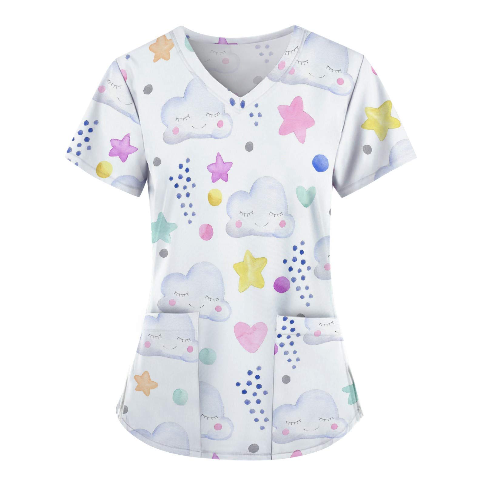 YOGALULU Blusa de Manga Corta con Cuello en V para Mujer, Uniforme de Trabajo, Color sólido, para Trabajo