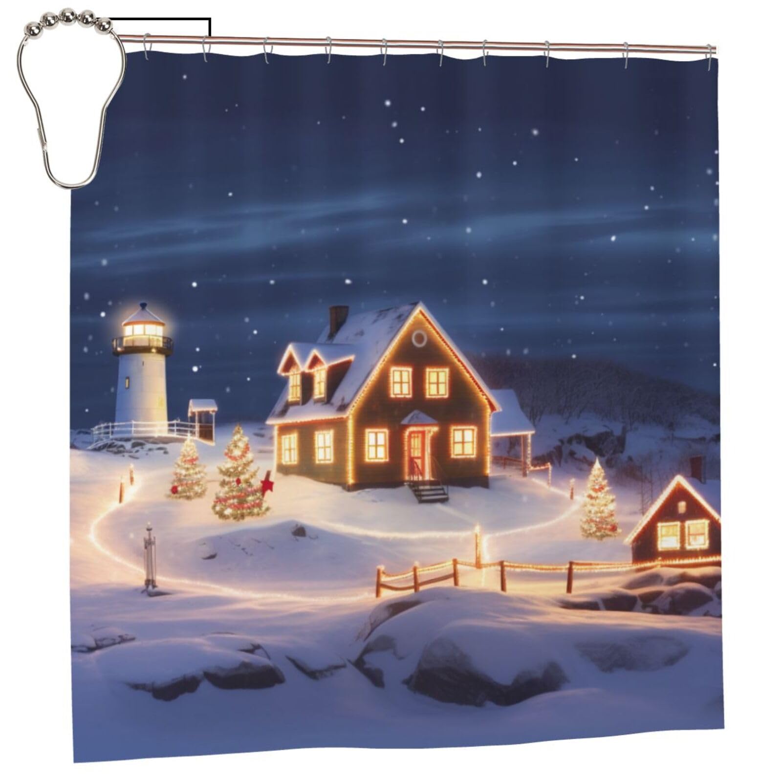 BWWHCCTI Christmas Scenery Printed Shower Curtain With 12 Iron Hooks Opaque Quick Drying Waterproof Shower Curtains Sets For Bathroom 183x183 CM