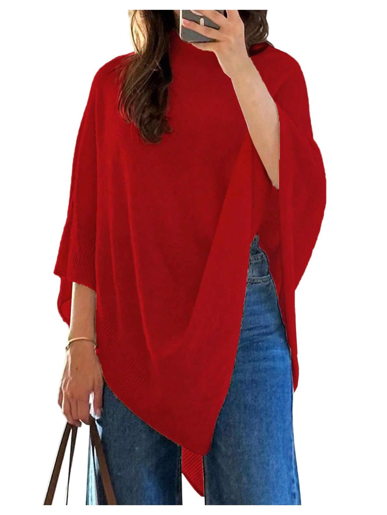 Milumia Womens Poncho Sweater Knitted Pullover Shawls Wraps Capes Dolman Sleeve Tops Red Medium
