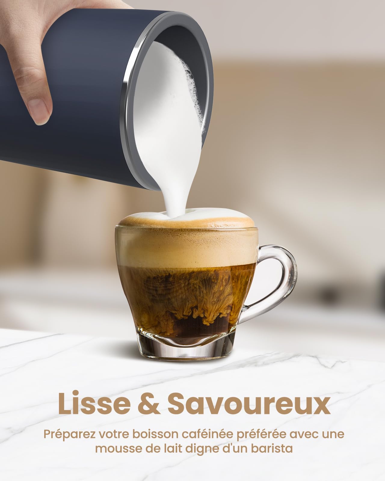 SIMPLETASTE Mousseur à Lait Électrique 4-en-1 Mousse Chaude & Froide Chauffage du Lait & Cacao Revêtement Antiadhésif Arrêt Automatique Silencieux pour Cappuccino & Latte Bleu Foncé