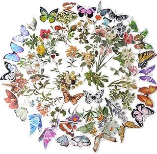 Vintage Ephemera Pack of 60, Tropical Plants Style Note Decoration Stickers Easy Self-Adhesive Butterflies Wildflowers for Scrapbook, Notebook, Journal, Card Making