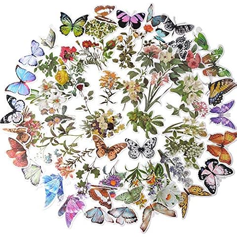 Butterfly Stickers for Scrapbooking Vintage Ephemera Pack of 60, Tropical Plants Style Note Decoration Stickers Easy Self-adhesive Butterflies Wildflowers for Scrapbook, Notebook, Journal, Card Making Cover
