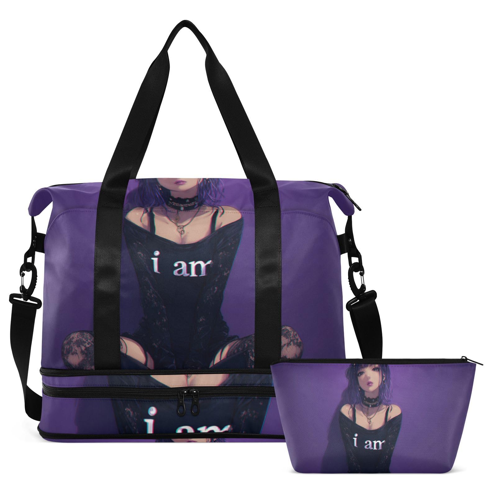 Cool Purple Punk Anime Girl Carry On Tote Bag with Wet Pocket Adjustable Strap Gym Tote Bag for Workout Wielofunkcyjna dla mężczyzn kobiet