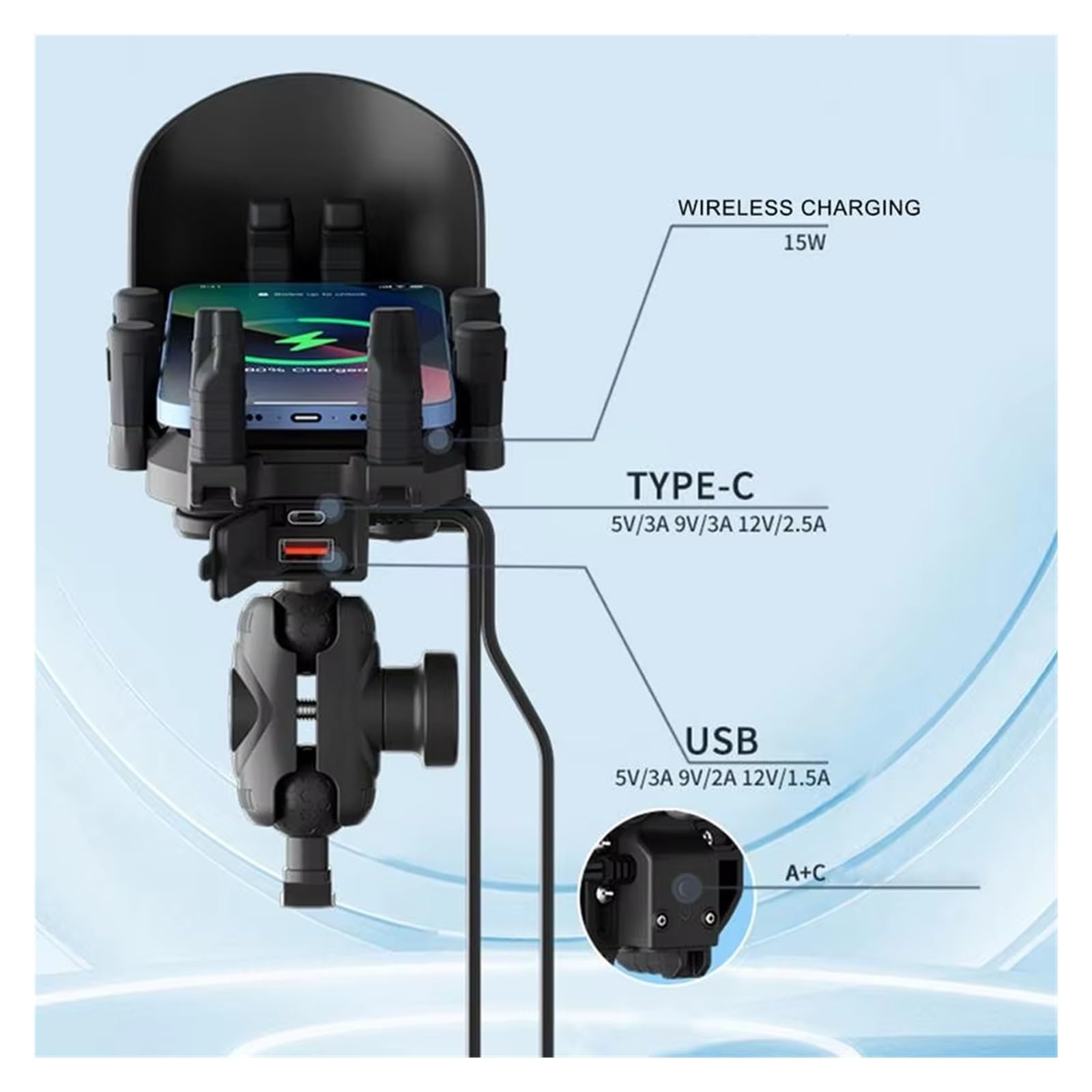 Soporte teléfono Bicicleta Soporte Teléfono para Motocicleta, Soporte Antivibración para Teléfono Móvil con Carga Inalámbrica, Soporte Giratorio 360 para Moto,