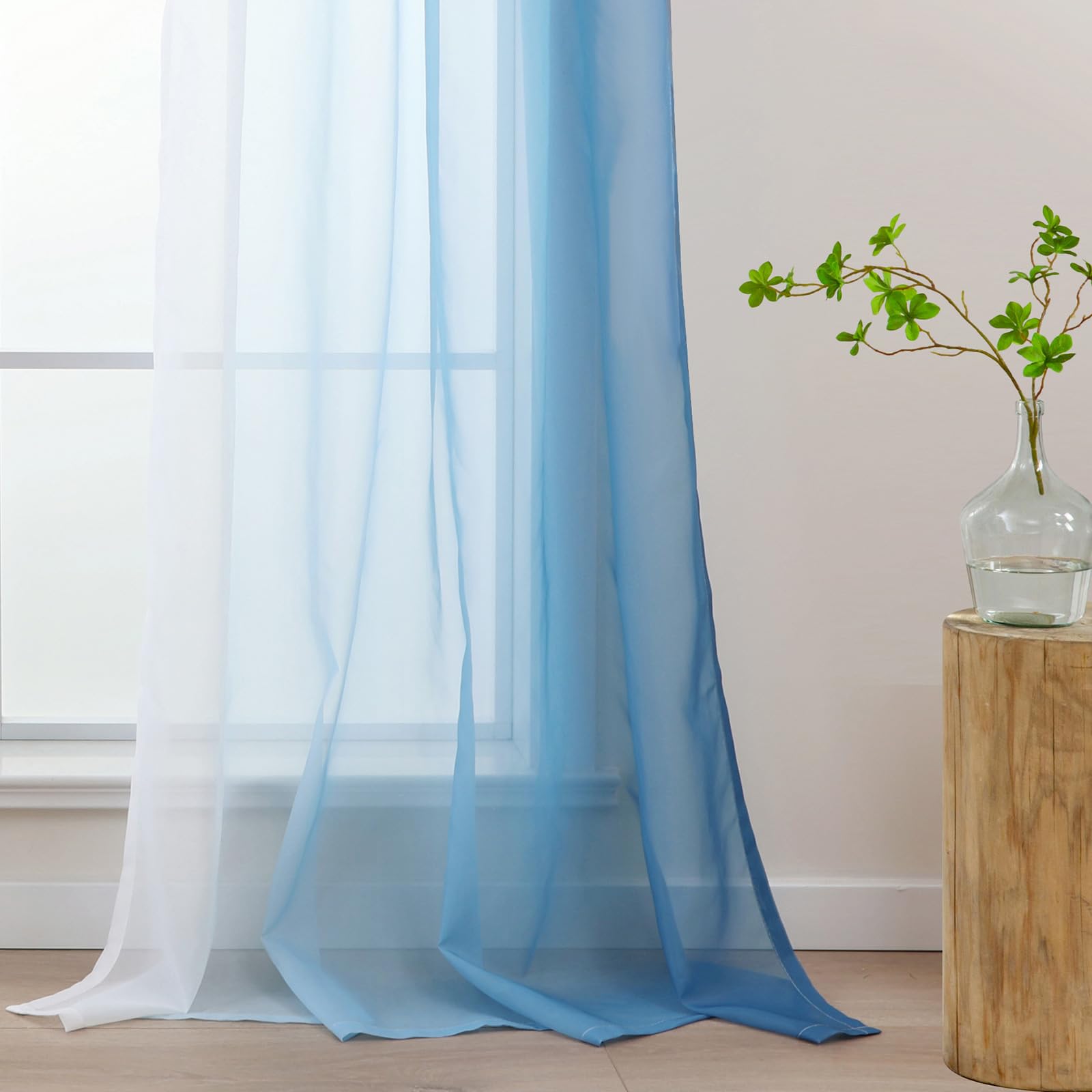 L.Z.E Blue White Voile Curtains for Living Room Pencil Pleat Light Blue Ombre Sheer Curtains & Drapes for Kids Boys Room Bedroom Windows Transparent - Image 2