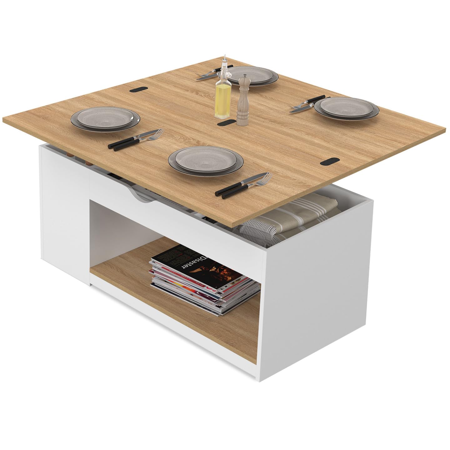 IDMarket – Mesa de centro elevable rectangular Convertible en mesa de comedor ELEA 100 cm, madera blanca y haya