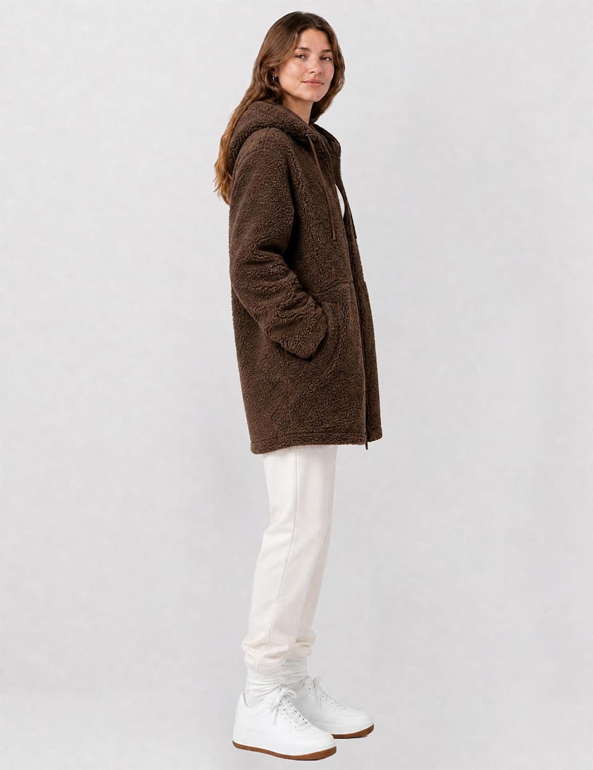 Women's Sherpa Fleece Jacket Hooded Winter Coat, Oversized Full Zip Long Cozy Warm Teddy Jacket with Pockets