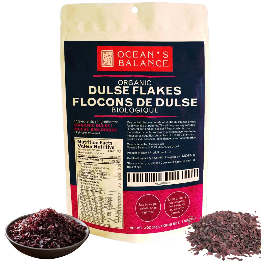 Ocean's Balance Organic Dulse Flakes — Atlantic Dulse Organic Flakes for Keto, Paleo Diet, Vegetarian & Vegan Diets — Dried Vegetable Gluten Free Products (3oz/Bag)