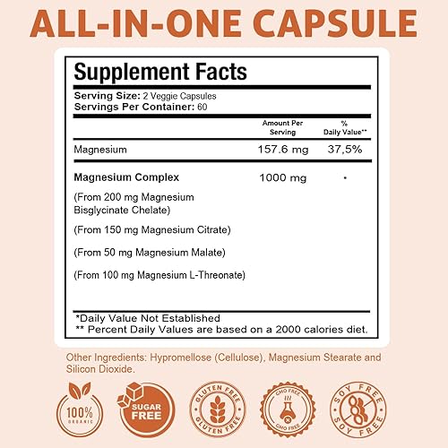 Miniatura 8 de Health Dose Triple Magnesium Complex 1000 mg  Mezcla de L-treonato, bisglicinato, citrato y malato  Apoyo para la relajación muscular, el sueño y la