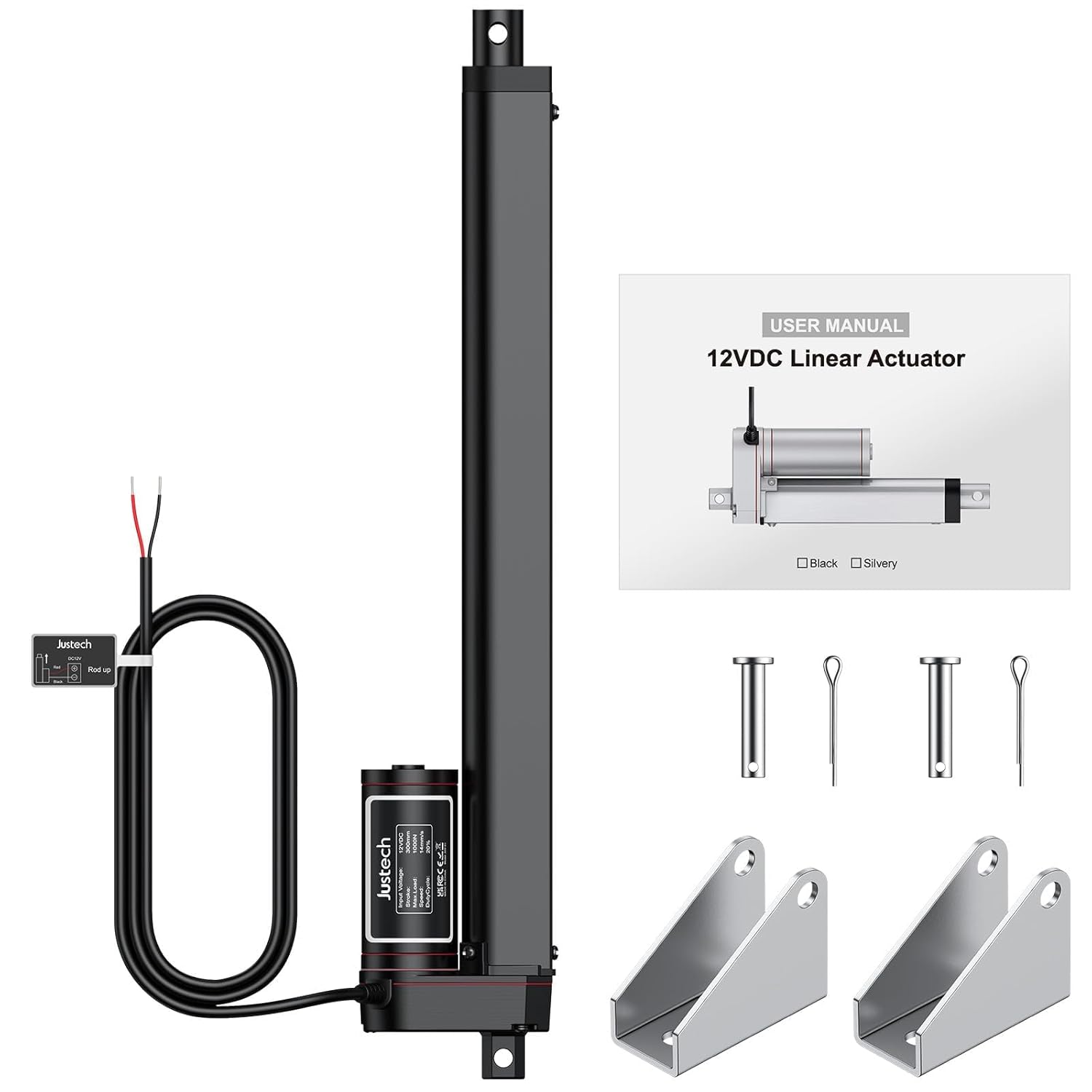 Justech 12V Heavy-Duty Linear Actuator 225 LBS/1000N-12inch/300mm Silent IP65 Electric Actuator with Brackets (1000N 300mm)