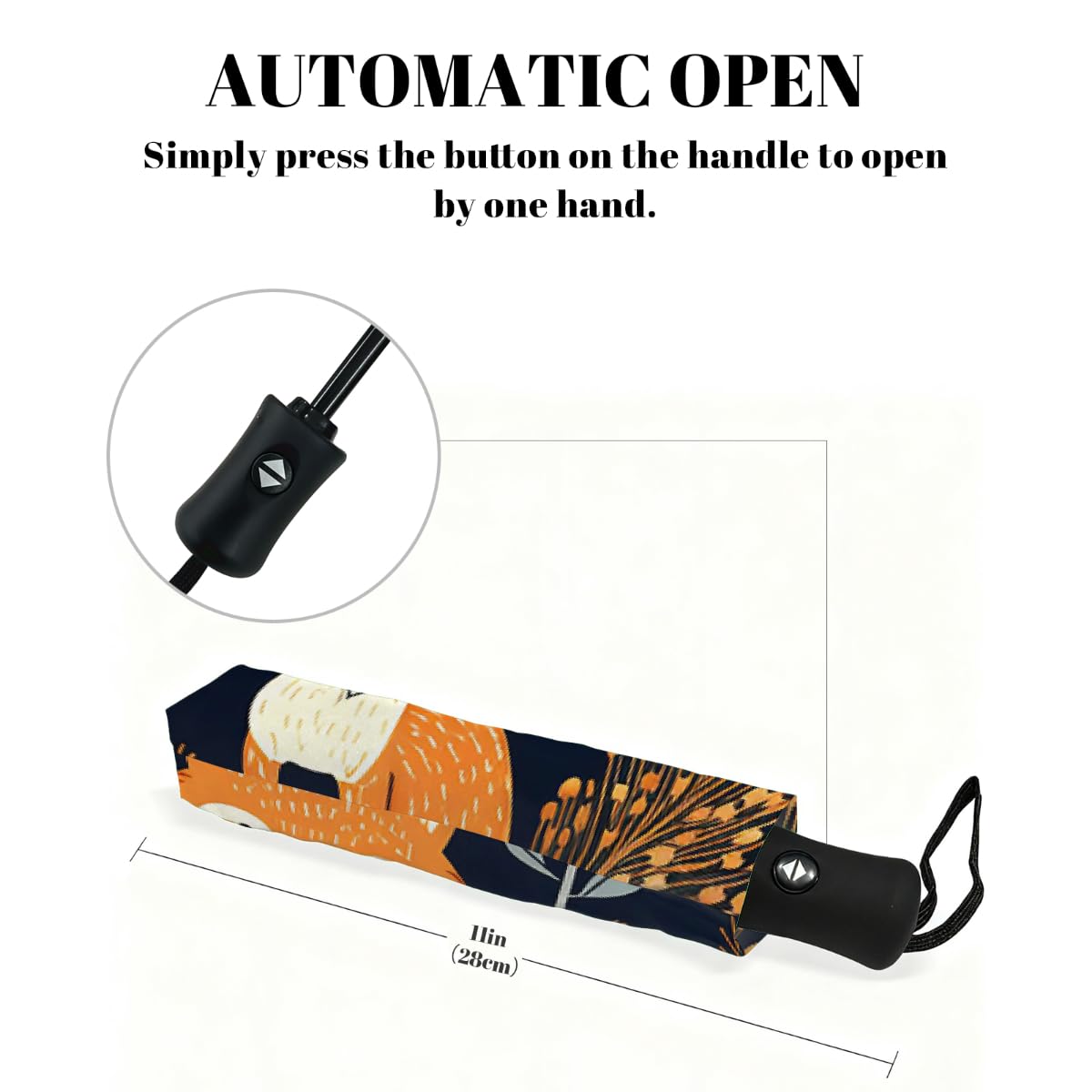 Art Forest Fox - Ombrello pieghevole da viaggio con foglie autunnali, compatto, antivento, impermeabile, con protezione UV, rivestimento nero, leggero, 8 costine, portatile, per pioggia e sole