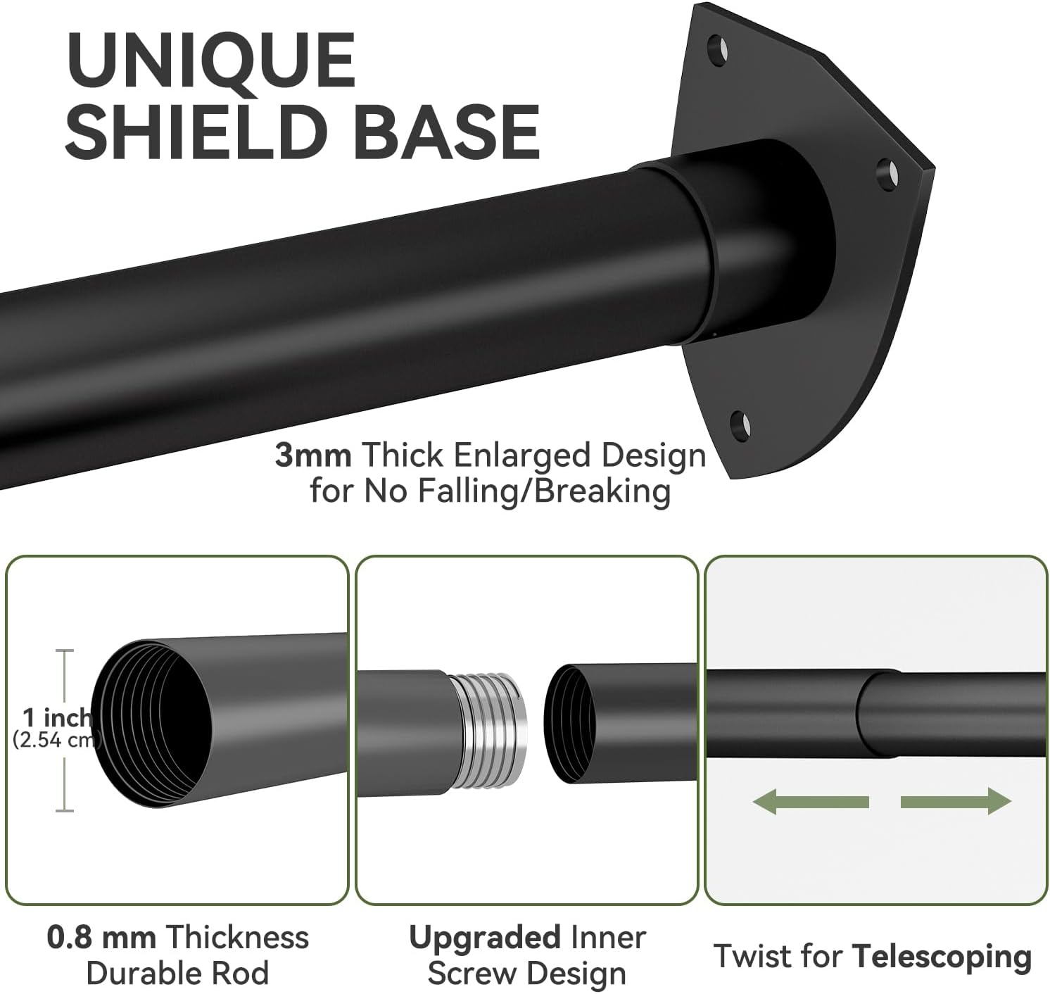 U Shaped Shower Curtain Rod, Adjustable Corner Shower Curtain Rod for Bathroom, Clothing Store, Stainless Steel with 12 Ring Hooks & Ceiling Support [Both Sides: 23.6"-52", Middle: 31"-46.7"] (Black)