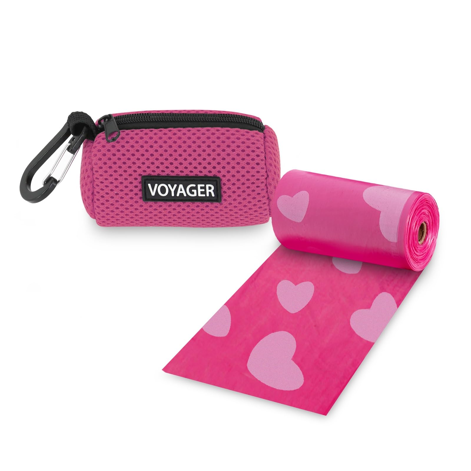 Best Pet Supplies Dog Poop Bag Holder Leash Attachment with 15 Bags, Fuchsia, Reusable Mesh Dispenser Pouch for Travel, Walking, Park, and Outdoor Use, Soft and Durable with Clip-On