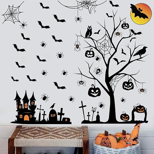 Calcomanías de pared de bruja de Halloween, decoración de pared de murciélago de luna de Halloween, decoración de pared de vinilo para despegar y