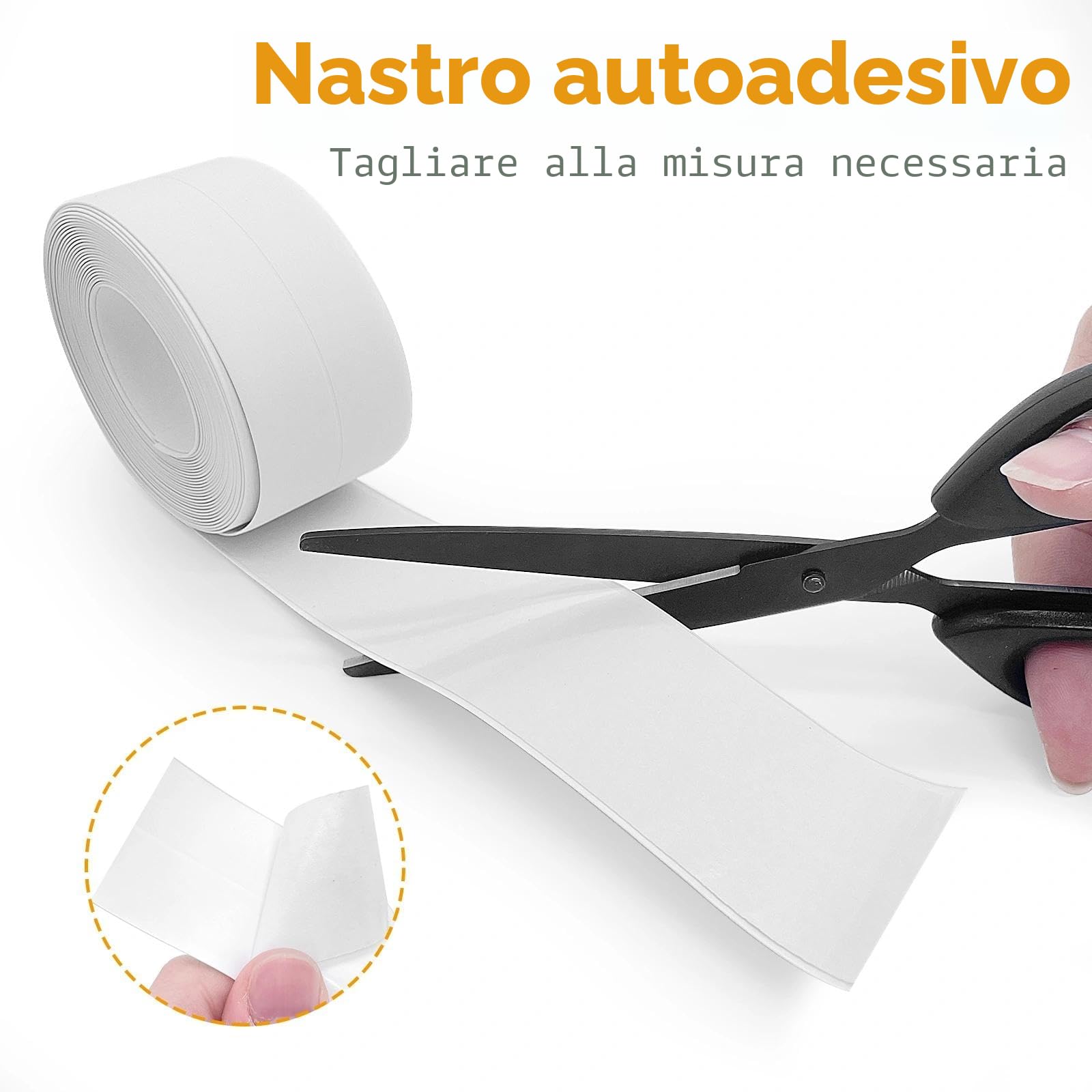 Silicone Bianco Bagno Antimuffa, Battiscopa Autoadesivo, Nastro Adesivo Impermeabile per Cucina e Bagno, 5 m x 36 mm Profilo PVC flessibile, Bianco