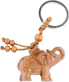 Axmerdal My Lucky Feng Shui Wooden Elephant Amulet Keychain Keyring Door Car Key Chains Rings Tags (Natural)