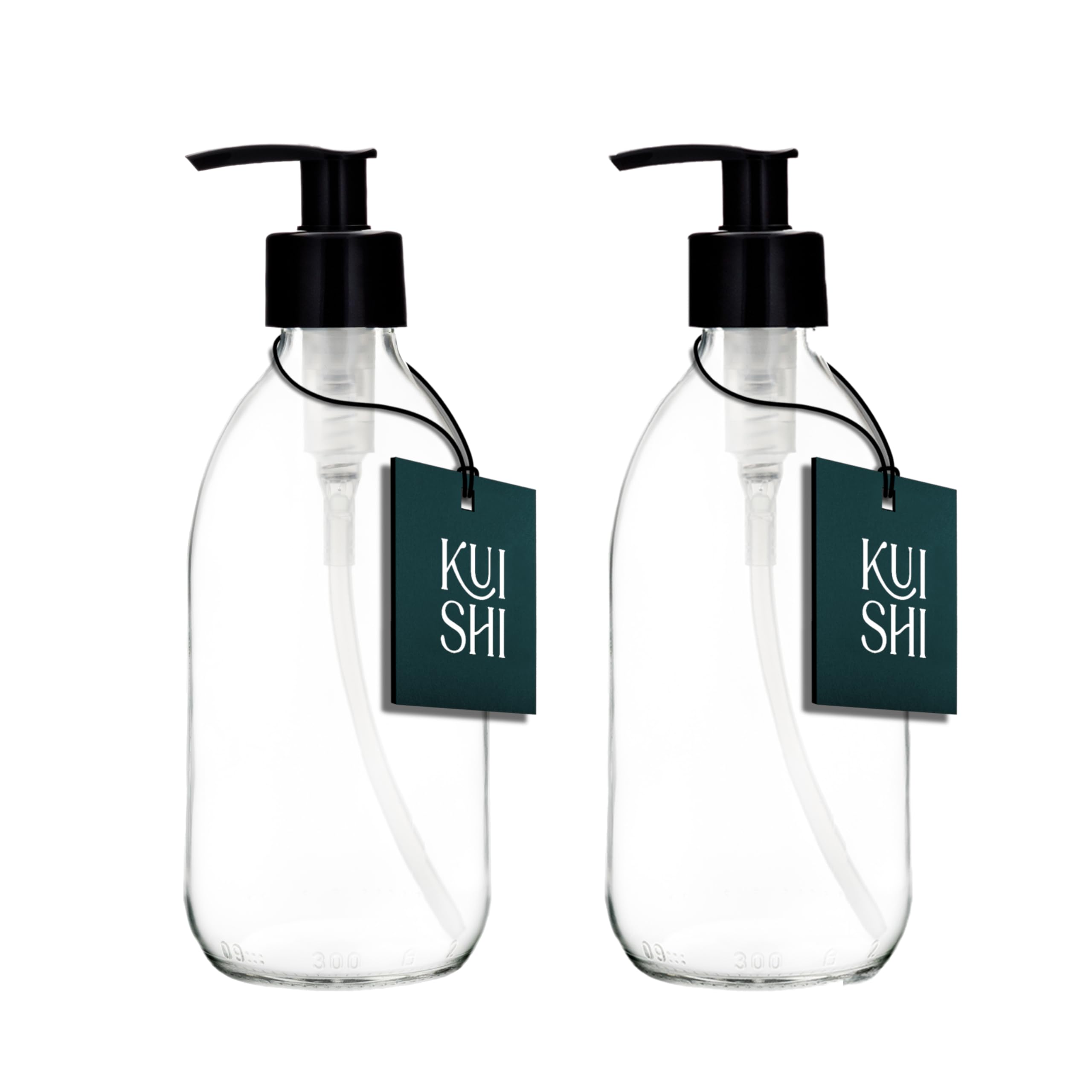 Kuishi Clear 300Ml Glass Soap Dispenser With Black Plastic Pump - Pack Of 2 Refillable Bpa-Free Hand Soap Dispenser For Kitchen & Bathroom,