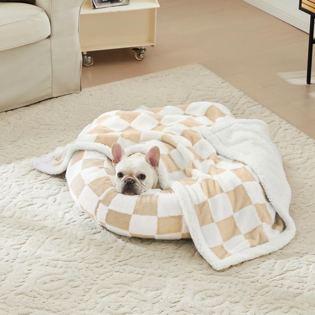 Ohocut Manta a cuadros para perro, manta sherpa jacquard beige caqui para perros y gatos pequeños, bonito estilo estético, manta de forro polar esponjoso para protección de sofá, lavable, 30 x 40