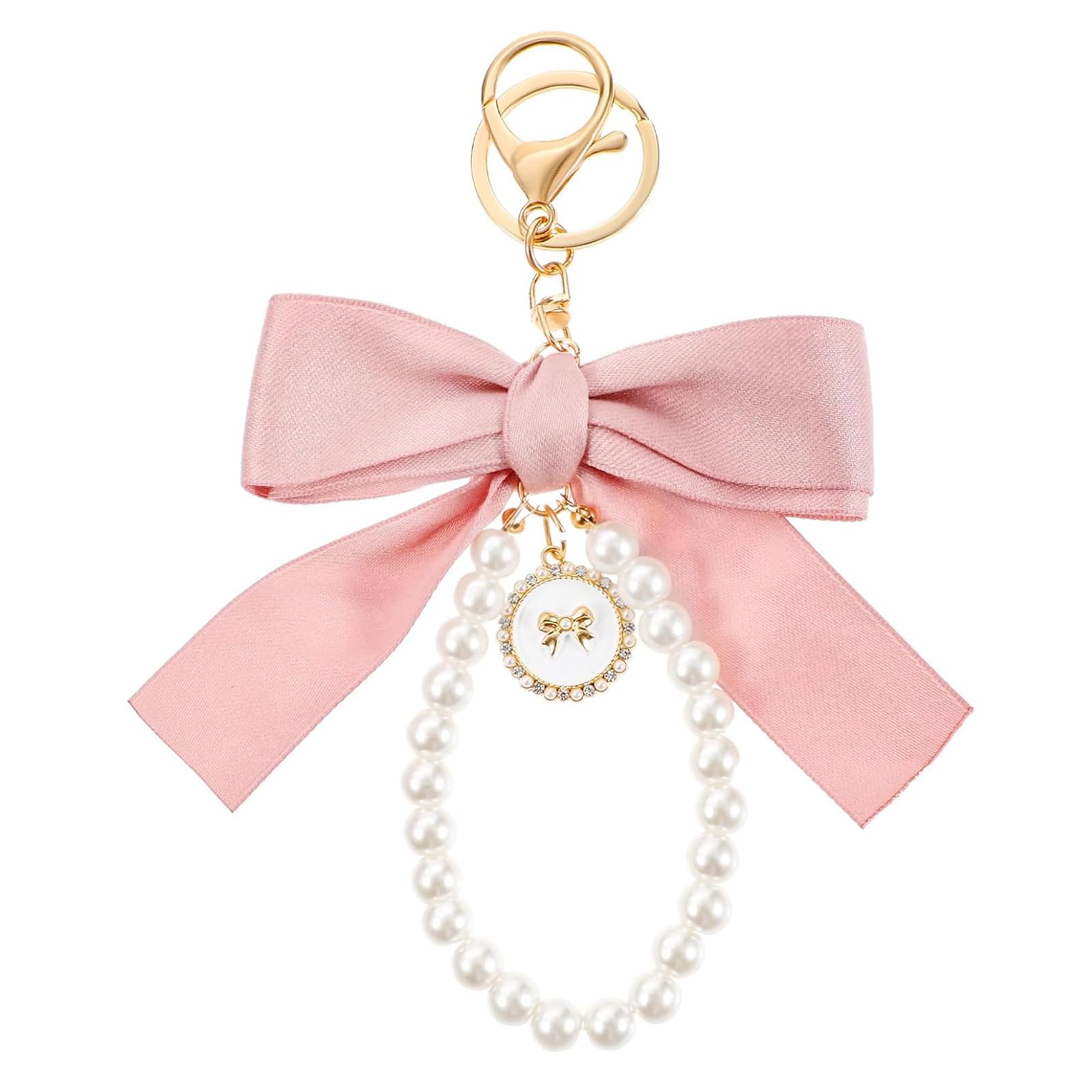 JFGDVW Pink Pearl Bow Keychain, Wristlet Keychains, Women Handbag Charm, Women Pearl Key Chains, For Women Girl