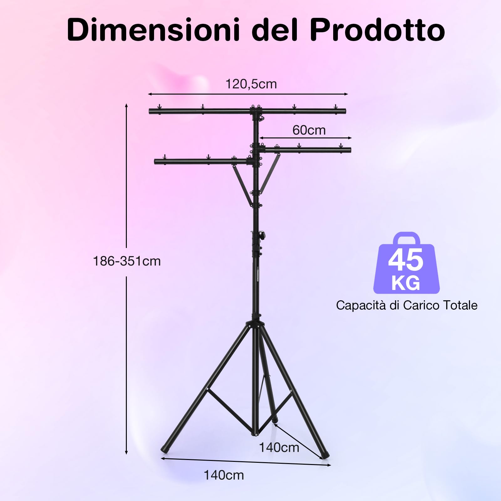 GYMAX Supporto Luci, con Traversa e Base a Tre Gambe, Fino a 8 Luci, Design Regolabile in Altezza, Materiale in Acciaio, 186-351 cm, Nero