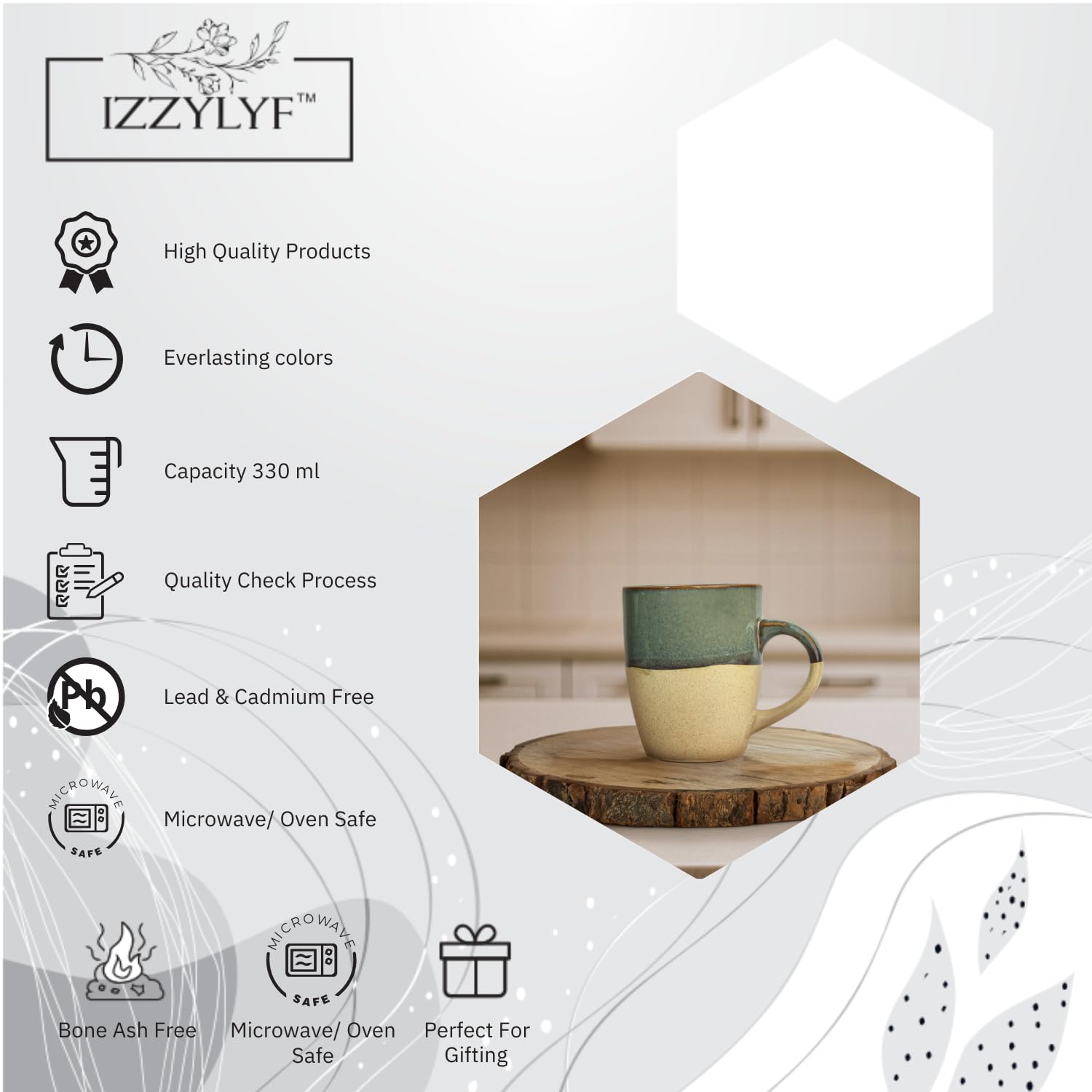 IZZYLYF 'Rustic Charm' Ceramic Coffee Mugs Set of 2 (330 ml Each) | Microwave & Dishwasher Safe Coffee Mugs with Handle for Tea, Coffee, Milk & Latte | Coffee Mugs for Gifting, Home, Cafe & Office Use 2