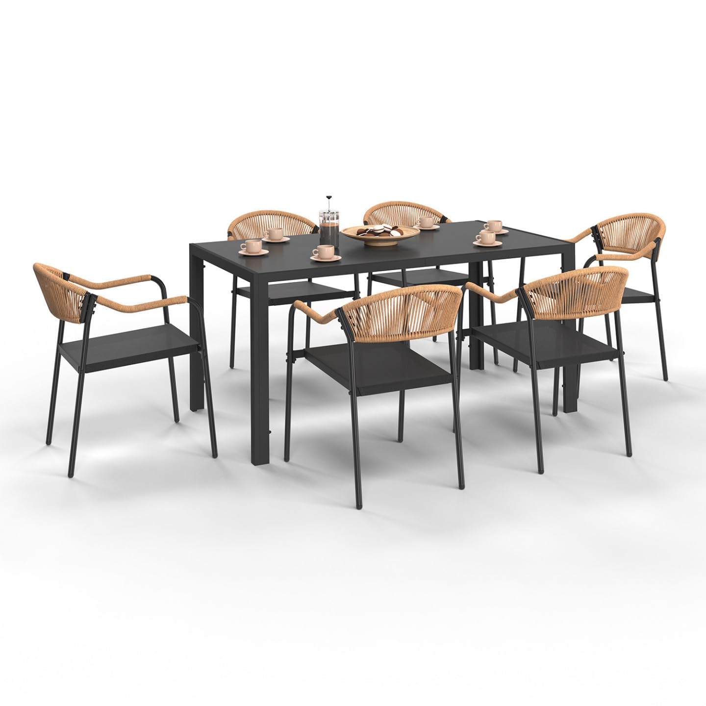 IDMarket - Salon de Jardin Madeira Table 150 cm et 6 chaises Cordage et textilène Noir et rotin Clair