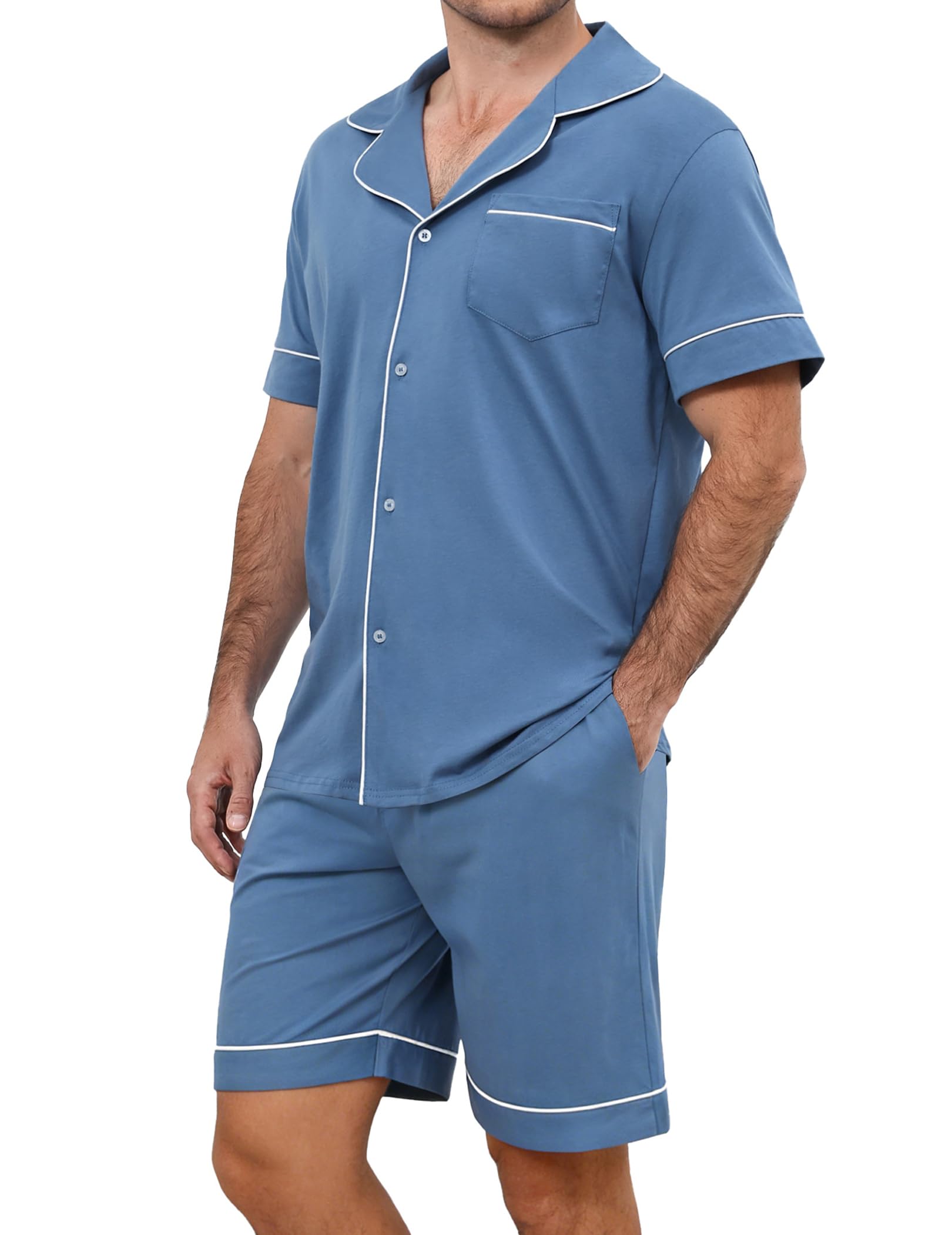 Pijama Hombre Corto Algodon para Verano, Ropa de Dormir Dos Piezas, Conjunto Manga Corta Camiseta Abierto Delante con Botones y Shorts con Bolsillos, Suave y Cómodo Pijamas para Salir S-XXL