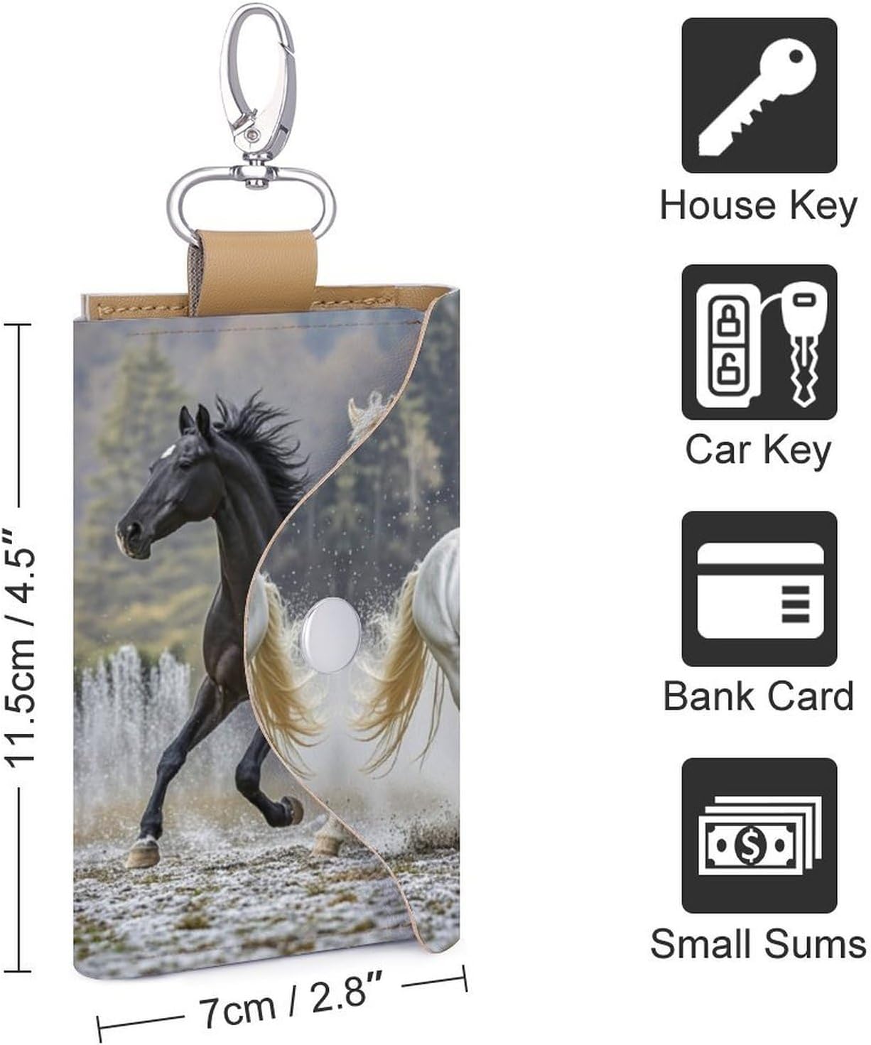 MUSM PU Leather Black And White Horses Running Key Holder Wallet with 6 Hooks Multi-Functional Large Capacity Car Key Case for Keys Cards Cash Portable Protective Key Pouch for Men & Women