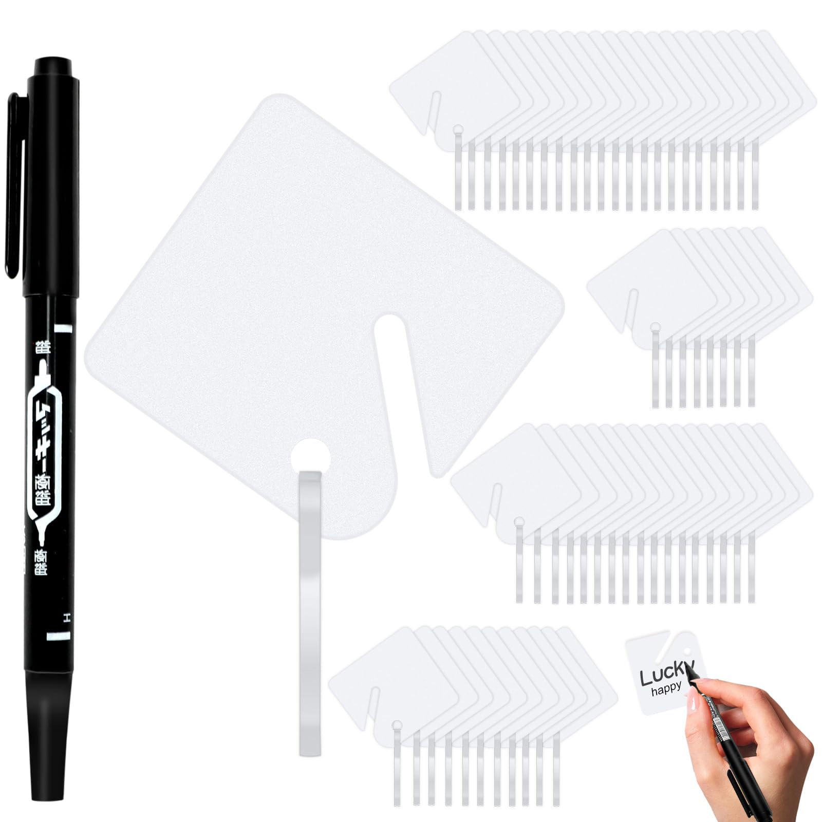 150 Pcs Rack Key Tags White Square Plastic Hanging Tags with 1 Black Markers, Metal Snap Hooks for Slotted Key Cabinets Boxes Lockers Sturdy Frosted