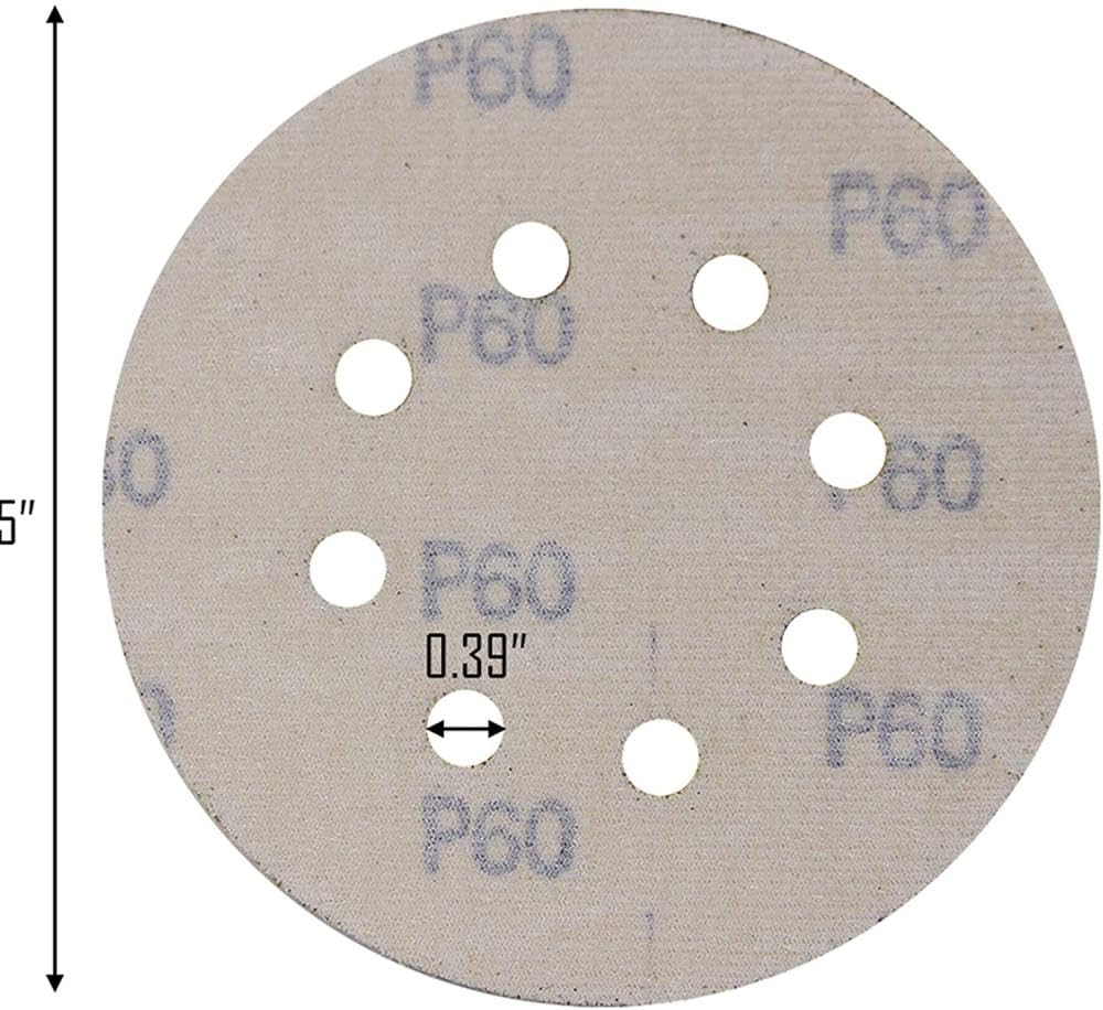 Cinta de lijado, paquete de 100 discos de lijado de 5 pulgadas, grano 40/60/80/120/320/400, gancho y bucle, papel de lija de óxido de aluminio de 8 orificios, 125 mm for lijadora orbital, 150 piezas a