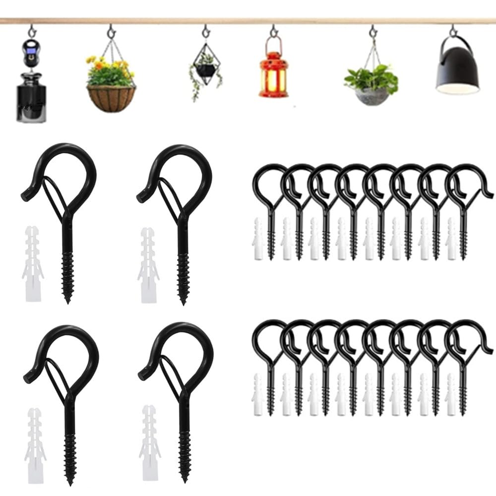 CuiCanfla 20 Pcs Q-Hanger With Safety Buckle, Screw-in Black Eye Hook Cup Hook, Windproof Screw Hooks for Hanging Outdoor String Lights, Ceiling Hooks for Plants, Patio and Christmas Lights