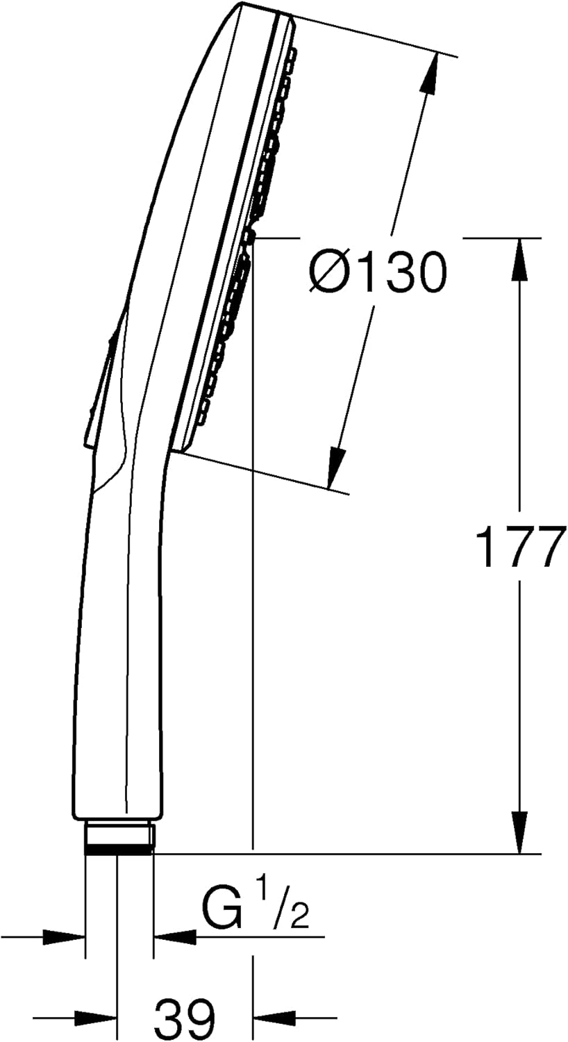 Technical drawing of GROHE Rainshower SmartActive 130 Hand Shower with dimensions and G 1/2 connection