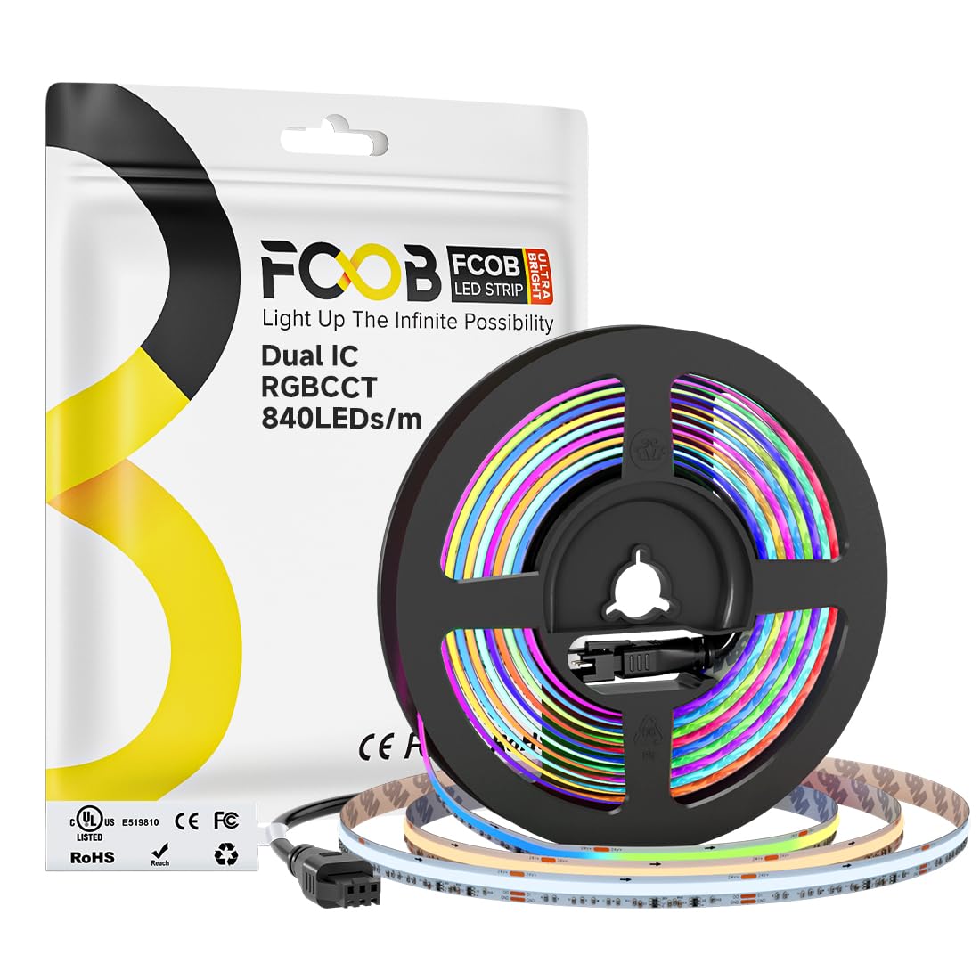FCOB COB WS2811 Indirizzabile Doppio IC RGBCCT Striscia LED 5M IP30 10mm CE | RGB Smart IC+CCT Bianco Regolabile 3000K-6000K 24V 840LEDs/m flessibile alta densità per DIY(Non Alimentazione Controller)