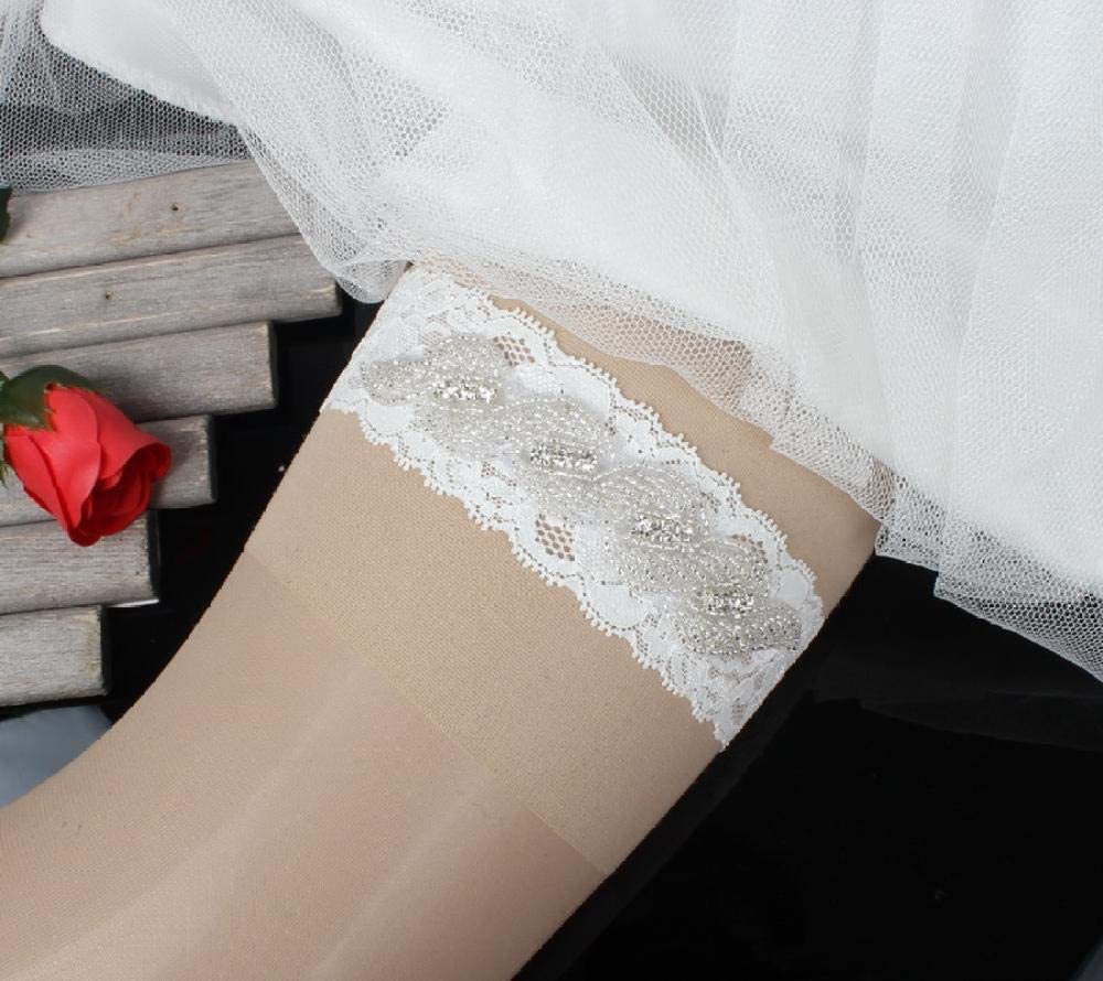 Jarretière en dentelle de ruban de satin, accessoires de robe de mariée en dentelle extensible porte-jarretelles avec boucle de jambe-Blanc 5pcs_XXL, Jarretière de mariage en dentelle florale (Blanc