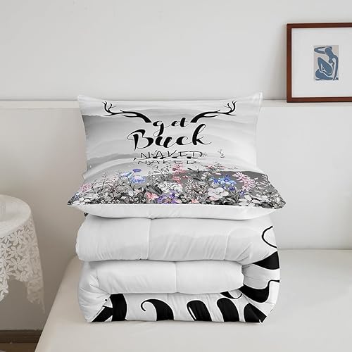 Miniatura 4 de Juego de edredón de cornamentos, juego de ropa de cama tamaño Queen con ciervos y alces para niños y niñas, edredón de ciervo, ciervo, flores de