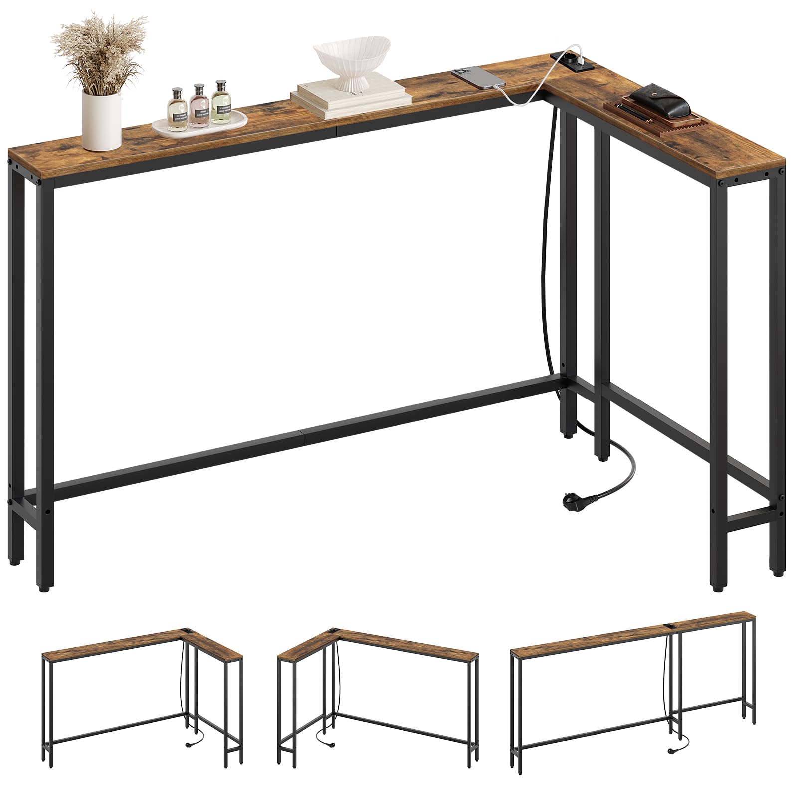 YATINEY Tavolo da Ingresso, Tavolo Console Largo 15 cm con 1 Presa e 2 Porte USB, Consolle Ingresso, per Dietro il Divano, Soggiorno, 3 Modalità di Combinazione, Marrone Vintage e Nero XCT07CBR