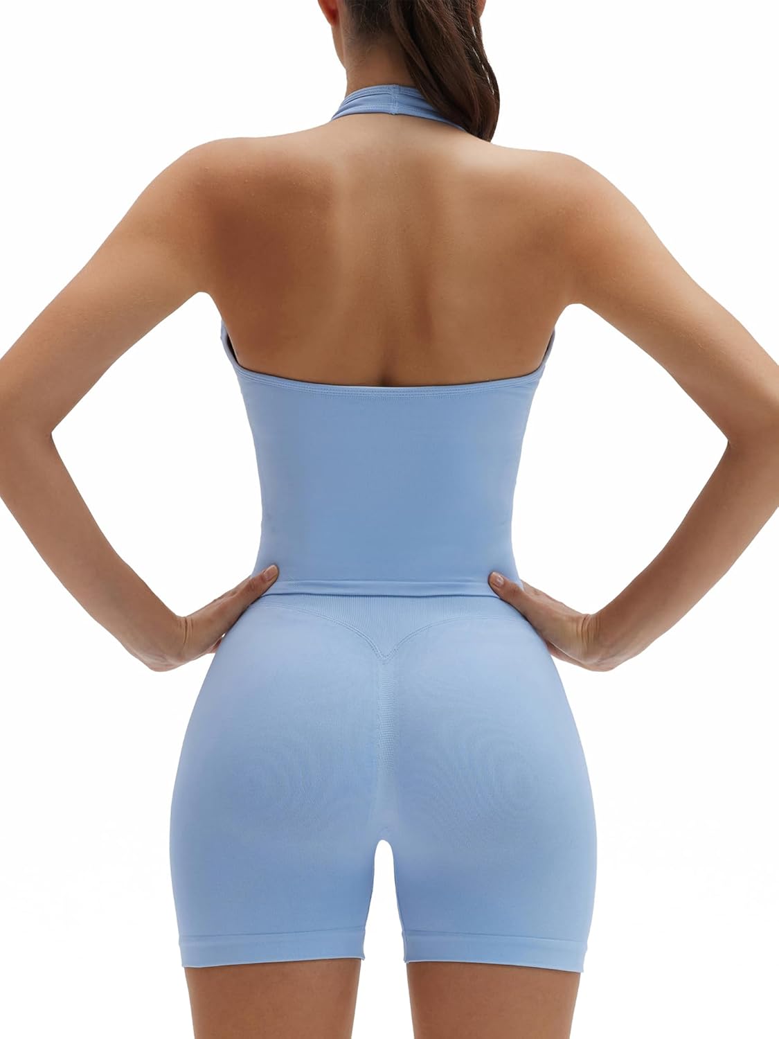 SUUKSESS Womens 2 Piece Workout Sets Padded Halter Tank Top Gym Sets Seamless Tummy Control Biker Shorts for Athletic