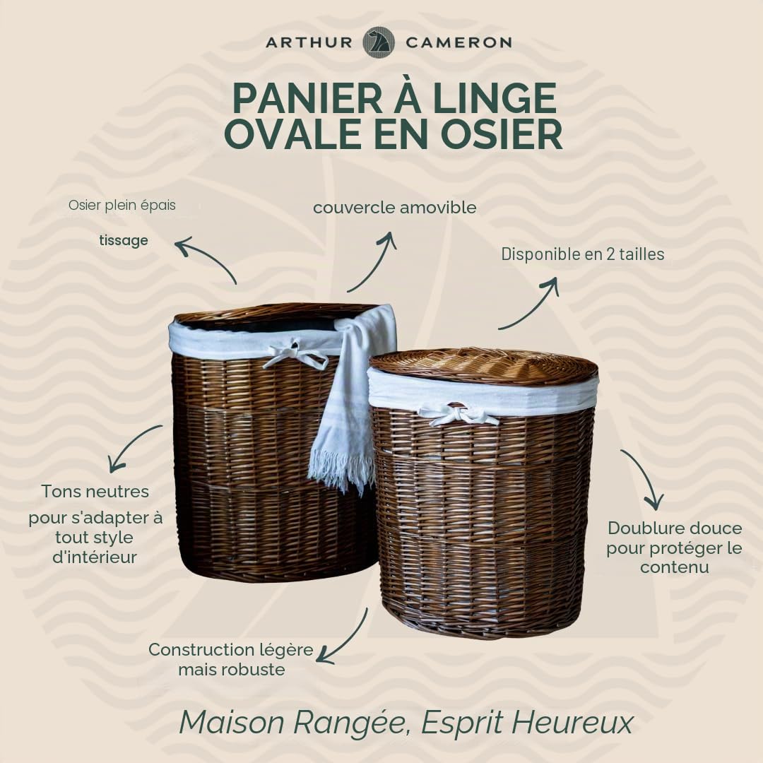 Arthur Cameron Panier à linge ovale de luxe en osier avec couvercle (Grand, Marron distillé)