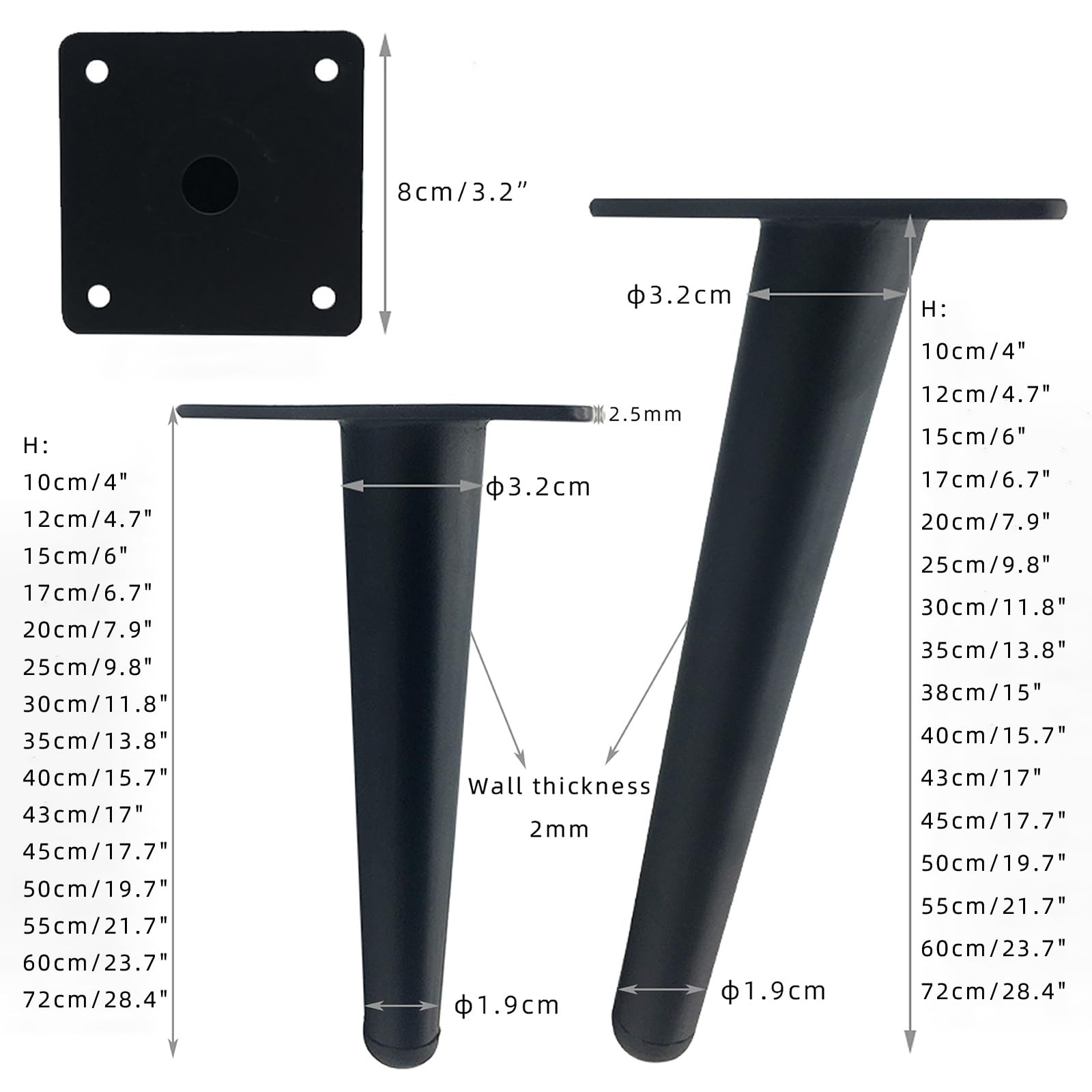 Generico Gambe per Mobili Ricambio Nero 4 Pezzi Supporto Piedini Conici per Tavolo in Ferro Vernice Spray Piedini per Divano Altezza: 10-72 cm Piedini per Mobile 55 cm/21,7"