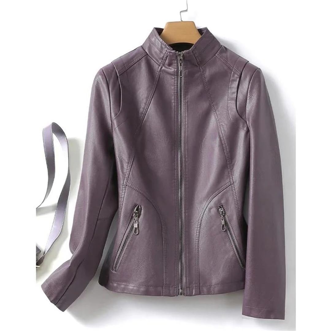 Giacca da donna in pelle corta con colletto alla coreana Slim Zipper Jacket Coat