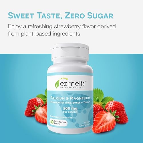 Miniatura 6 de EZ Melts Calcio y magnesio con D3 vegano 500 mg vitaminas disolubles vegano cero azúcar sabor natural a fresa 60 tabletas de disolución rápida